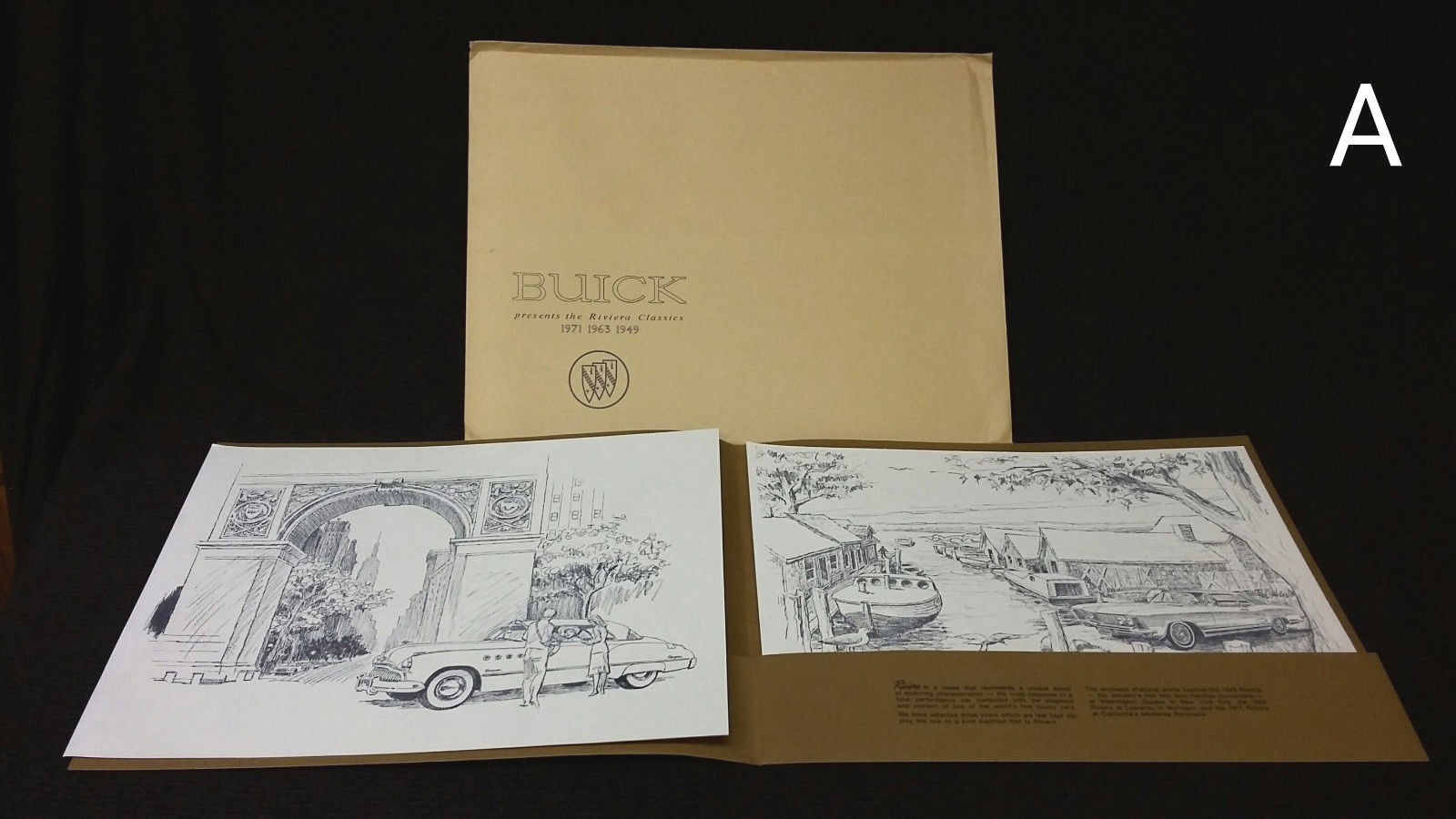 NOS Original Buick Riviera 1971 1963 1949 Dealer Portfolio 3 Charcoal Prints