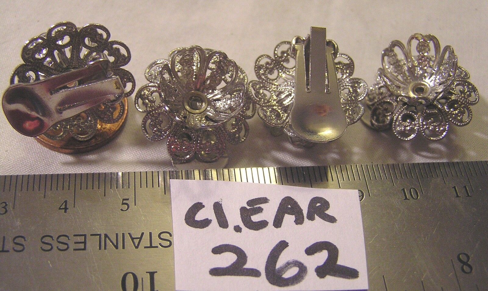 2 Pr Vtg Filigree Clip On Earrings  w 15mm Bead cap Crystal Jewelry Findings lot