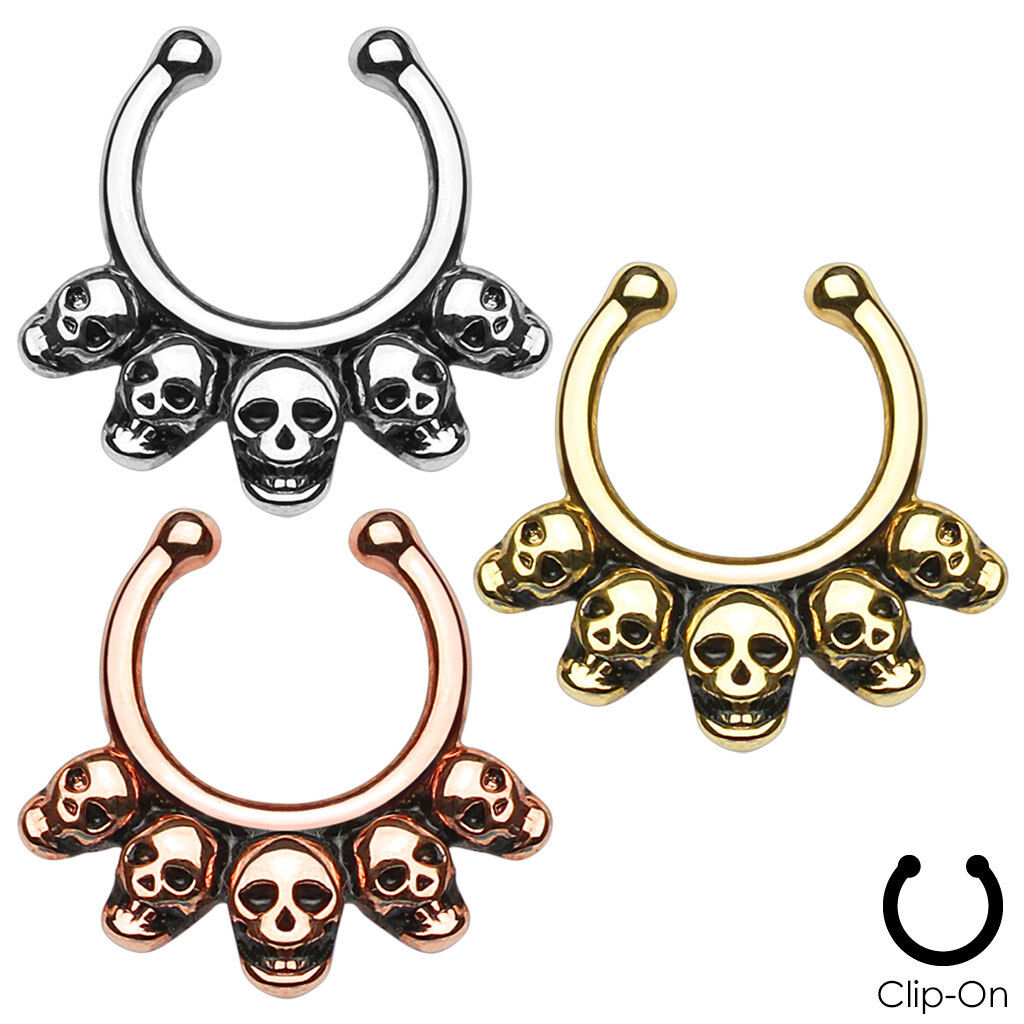 1pc Non-Piercing FIve Skull Septum Hanger Clip-On Fake Nose Ring Body Jewelry