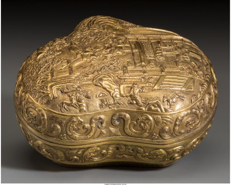 A Fine Chinese Peach-Form Gilt Bronze Covered Box , Qing Dynasty, Q... Lot 78163