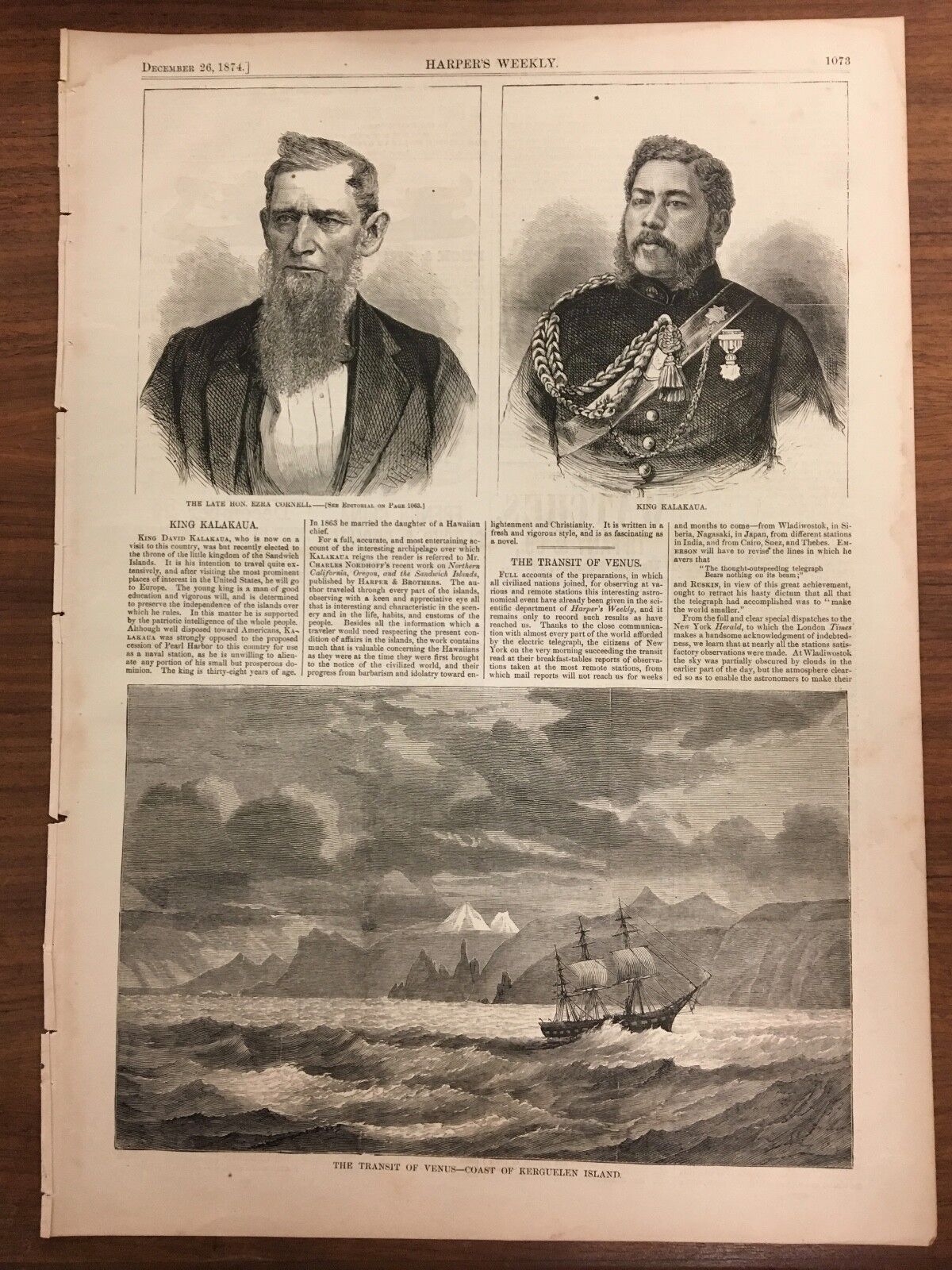 Page from Harper\'s Weekly. Ads on one side, 3 great pics on the other.12/26/1874