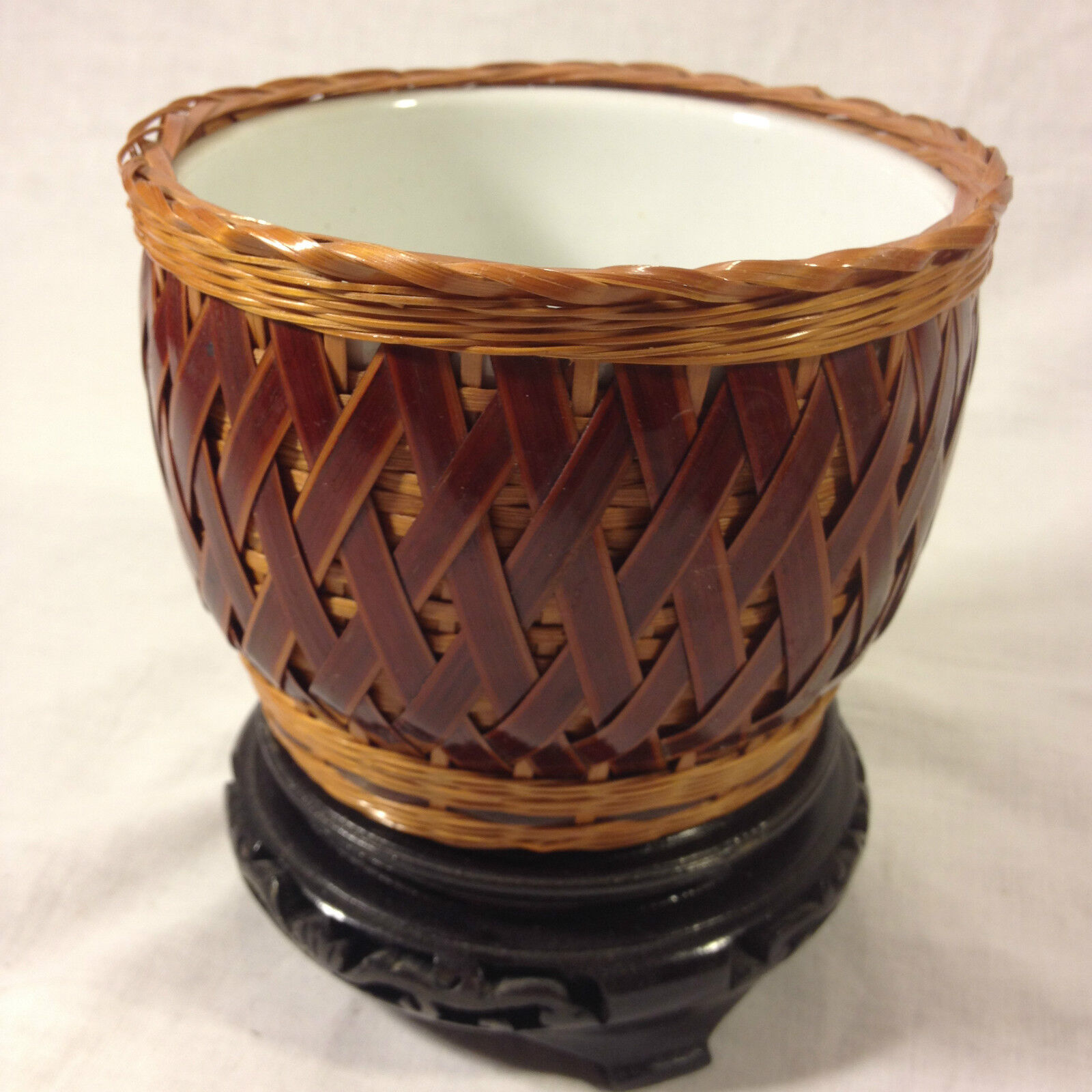 Bamboo Hand Woven Vase/Shallow Bowl w/Ceramic White Vase/Bowl Inside