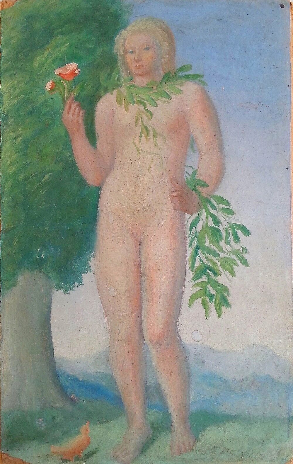 Unknown Unidentified European: Nude Woman Holding Flower / S/Oil Vintage Classic