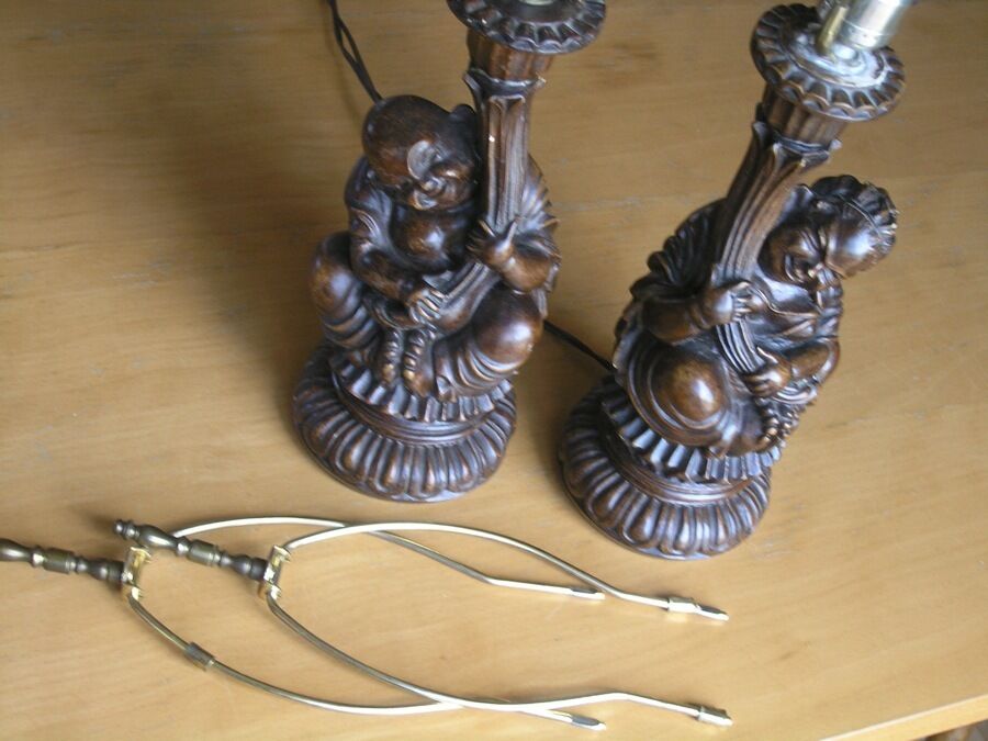 Pair Antique Chalkware Lamps in Fashion Of Wood Carvings Male Female Buddha 26\
