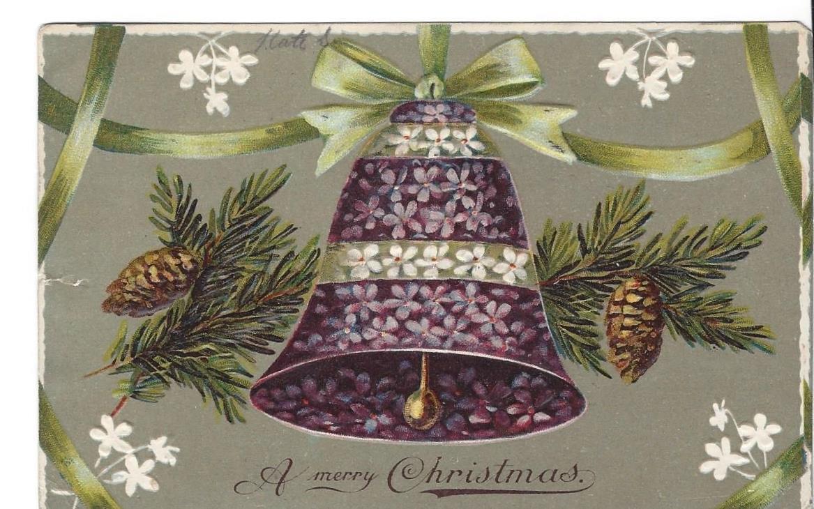 Christmas Postcard BELL with Purple & White flowers pinecones by S Langsdorf #84