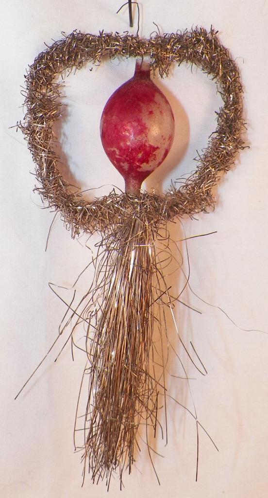 Antique Christmas Ornament Tinsel Blown Glass Bead Red Victorian #45
