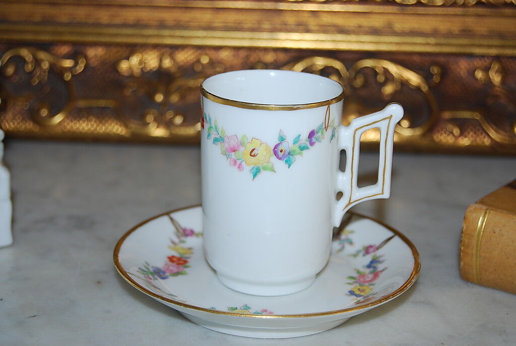 WONDERFUL T & V LIMOGES HAND PAINTED FLOWERS GARLANDS CHOCOLATE  CUP & SAUCER #2