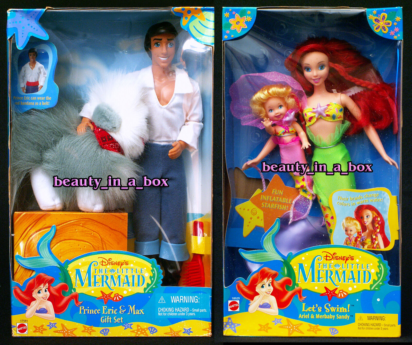 Eric Max Gift Set & Let\'s Swim Ariel MerBaby The Little Mermaid Disney Doll VG