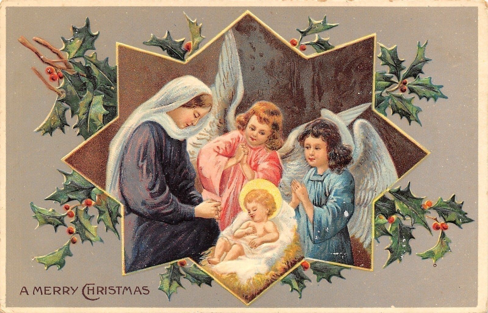 Christmas Nativity~Mother & Child~Manger~Pink Blue Angel Girls~Emboss~Langsdorf