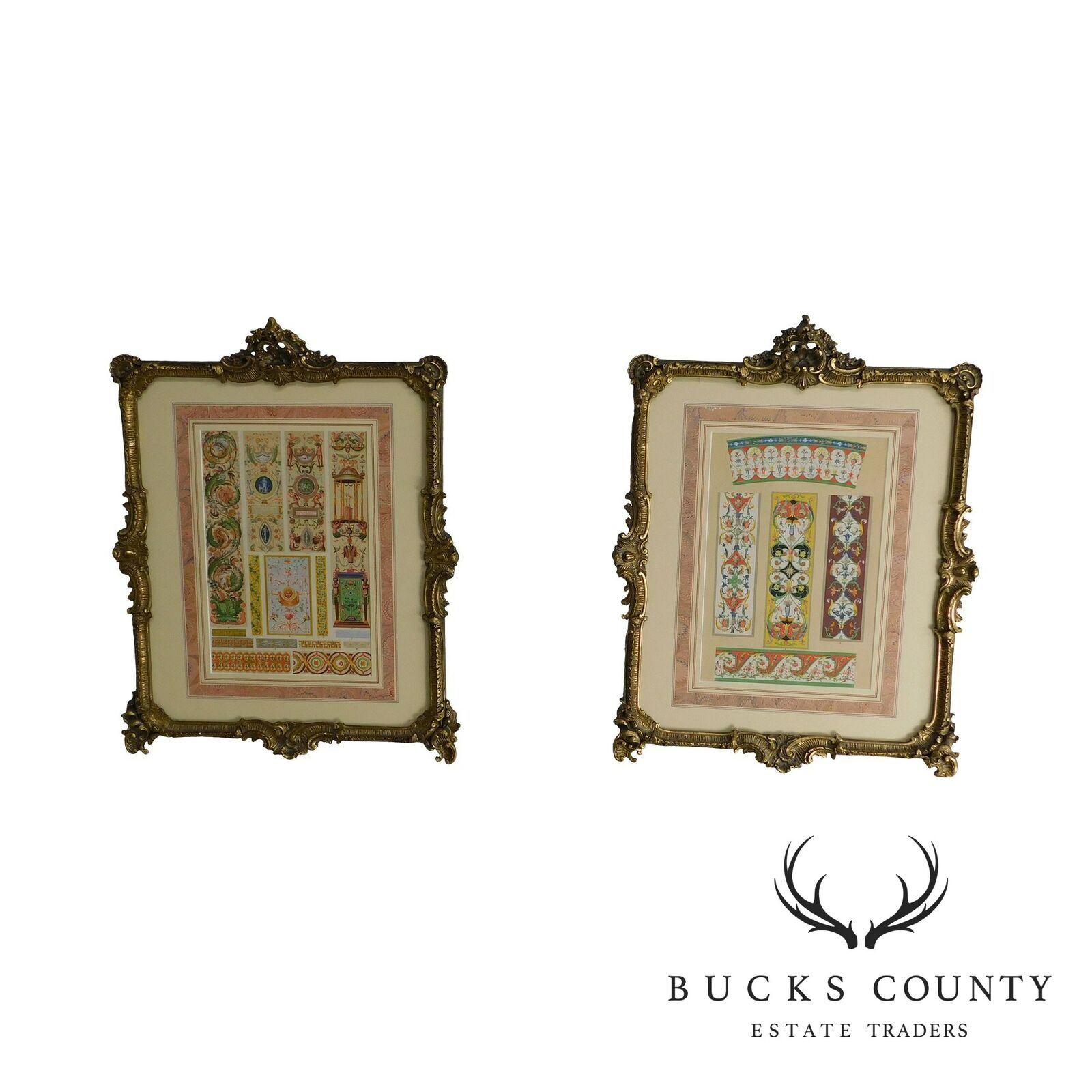 Rococo Gilt Framed Pair of Prints Showing Samples of Decorative Wallpaper Border