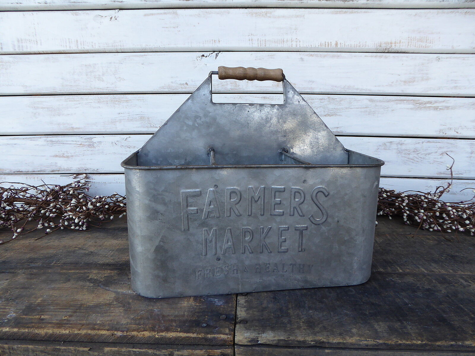 Vintage Inspired Farmhouse FARMERS MARKET Galvanized Metal Caddy Organizer