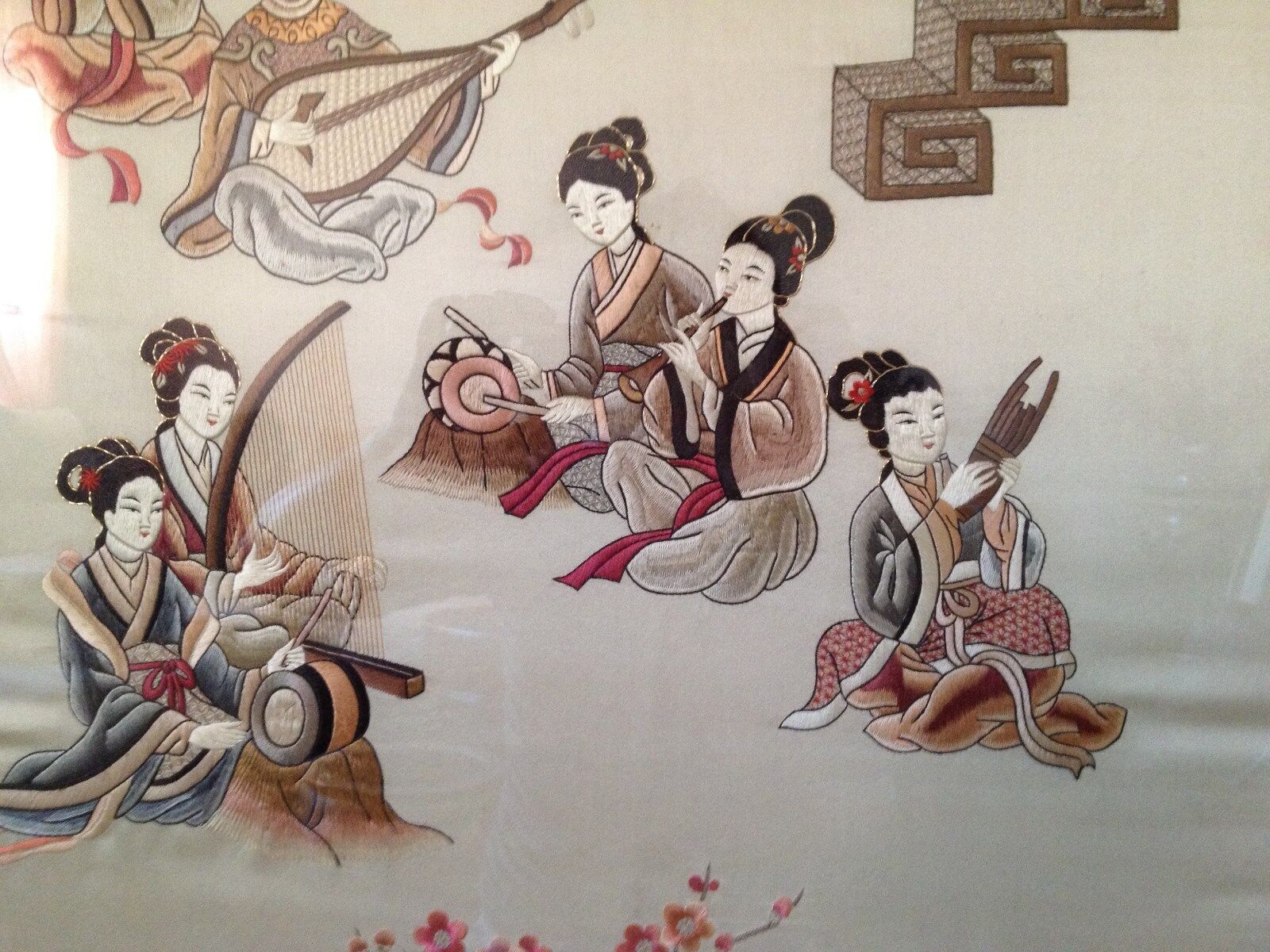 antique chinese qing dynasty silk embroidered panel of ladies musicians picture