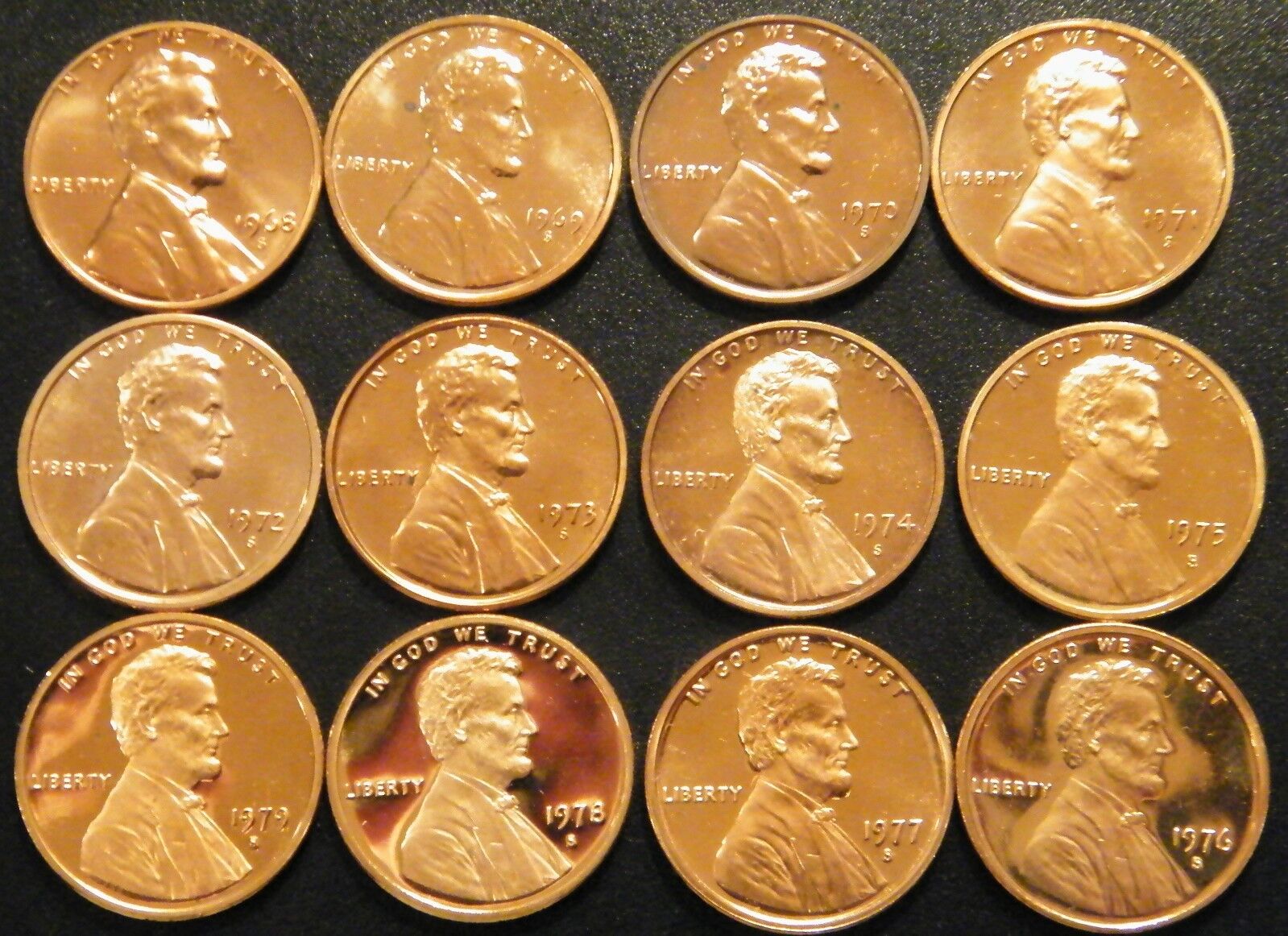 1968~1979 S Lincoln Penny Proof Run 12 Coin Set US Mint Lot .