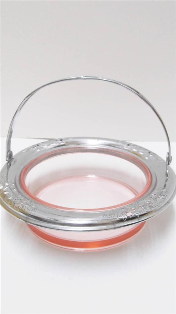 Vintage Elegant Pink Glass Candy Dish with Silver Plate Trim & Basket Handle