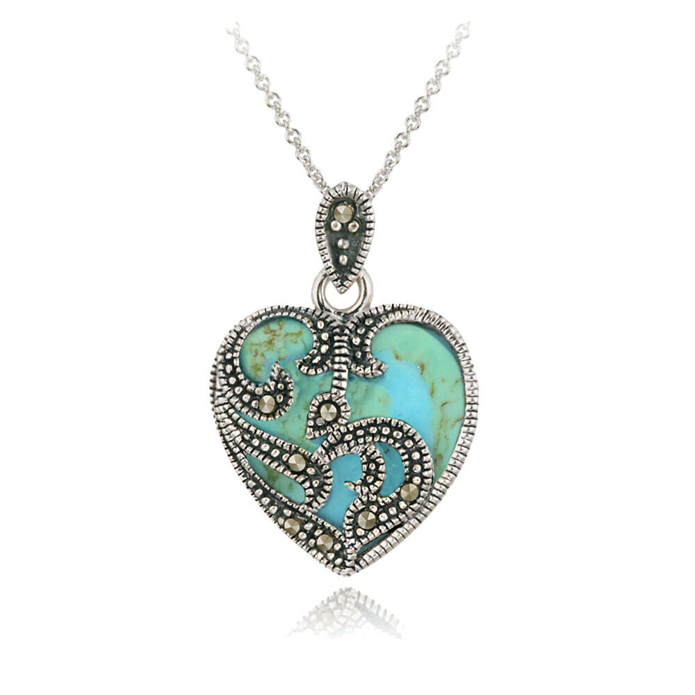 925 Sterling Silver Marcasite & Turquoise Heart Necklace