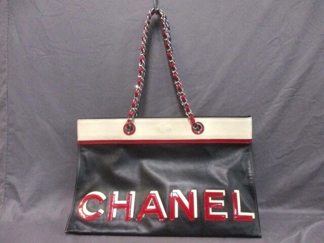 Authentic CHANEL Black Ivory Red No. 5 Leather Tote Bag w/ Guarantee