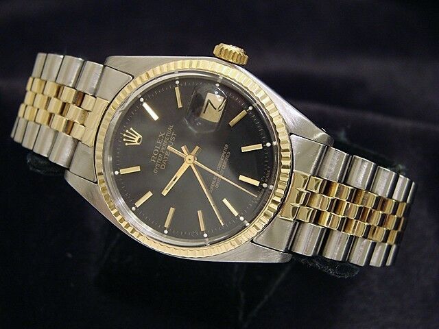 MENS ROLEX 2TONE 14K GOLD/STAINLESS STEEL DATEJUST DATE WATCH w/BLACK DIAL