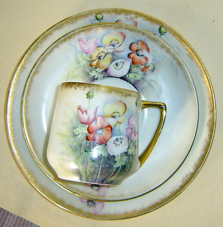 ANTIQUE ROSENTHAL CUP SAUCER PLATE TRIO ART DECO HAND PAINTED POPPIES GERMANY
