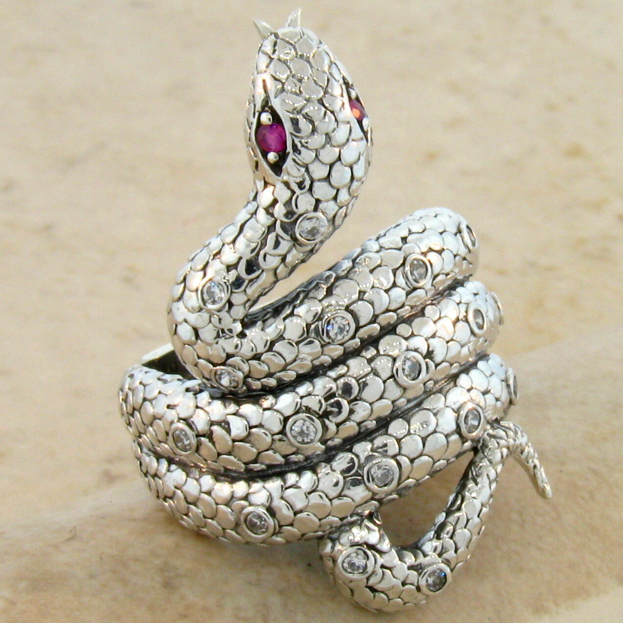 GENUINE RUBY ANTIQUE VICTORIAN DESIGN 925 STERLING SILVER SNAKE RING SZ 10, #221