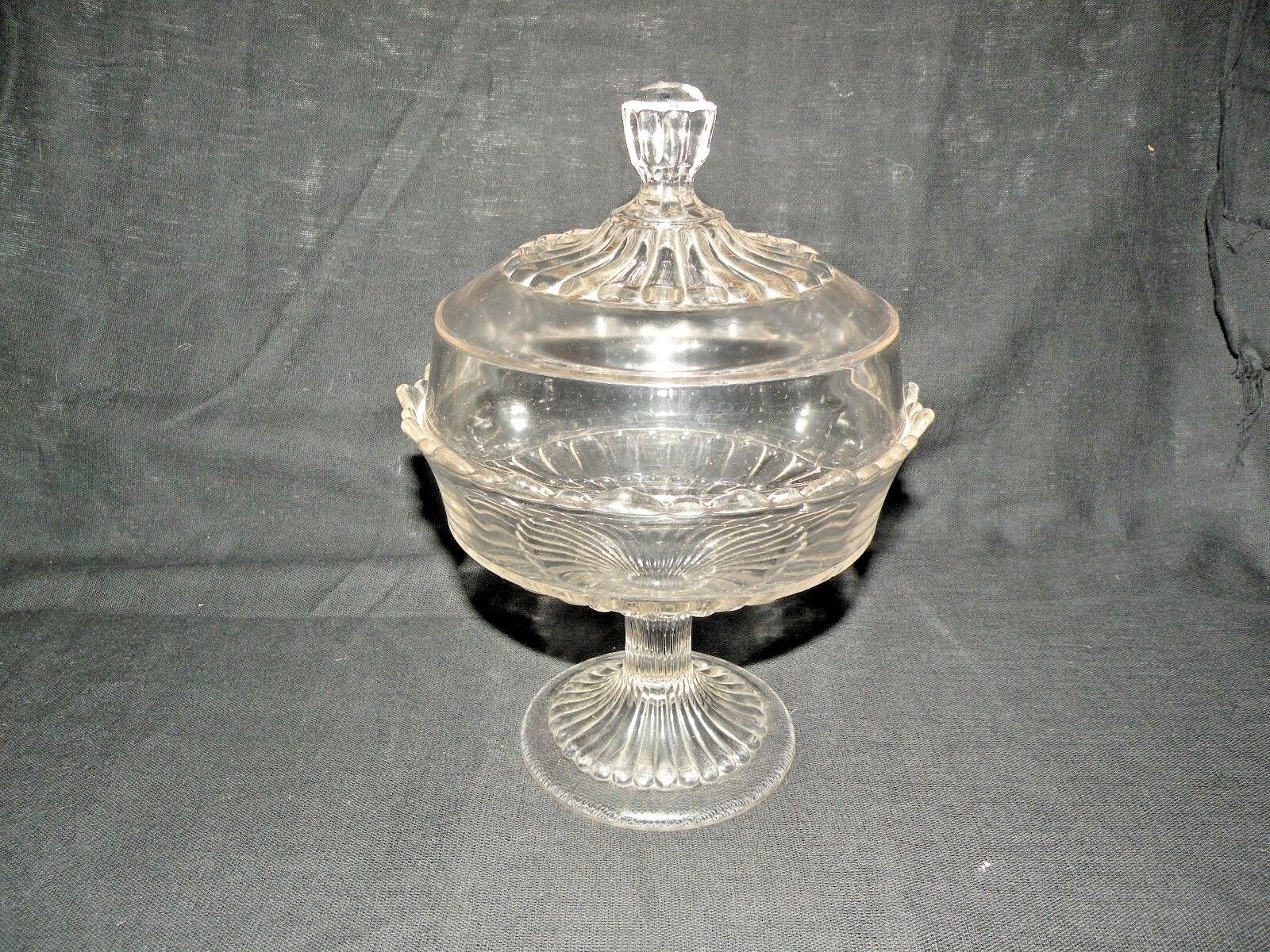 ANTIQUE CLEAR GLASS RIBBED WEDDING COMPOTE SCALLOPED EDGES WITH LID 1900 EAPG
