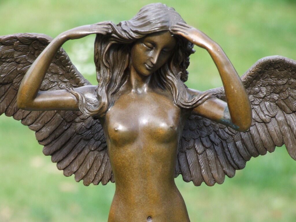 LARGE SIGNED NUDE LADY ANGEL BRONZE STATUE SCULPTURE