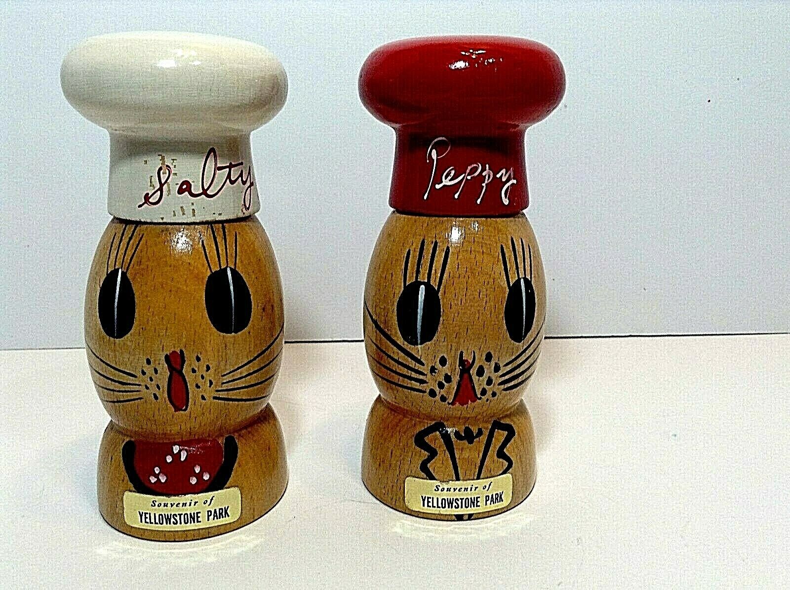 JUMBO WOODEN SALT & PEPPER SHAKERS SALTY & PEPPY CAT WHISKERS 1950\'S 5.5\