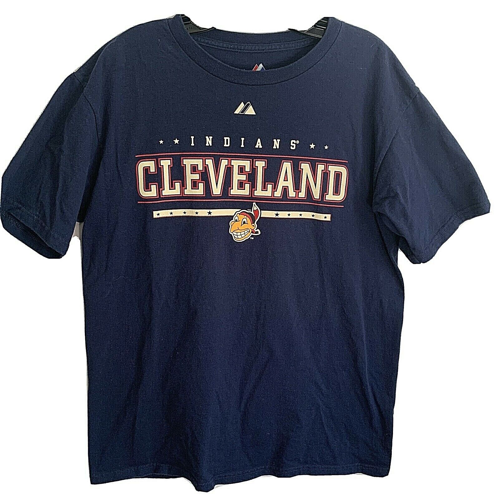 Majestic Cleveland Indians Medium T-Shirt Short Sleeve Chief Wahoo Retired Blue 