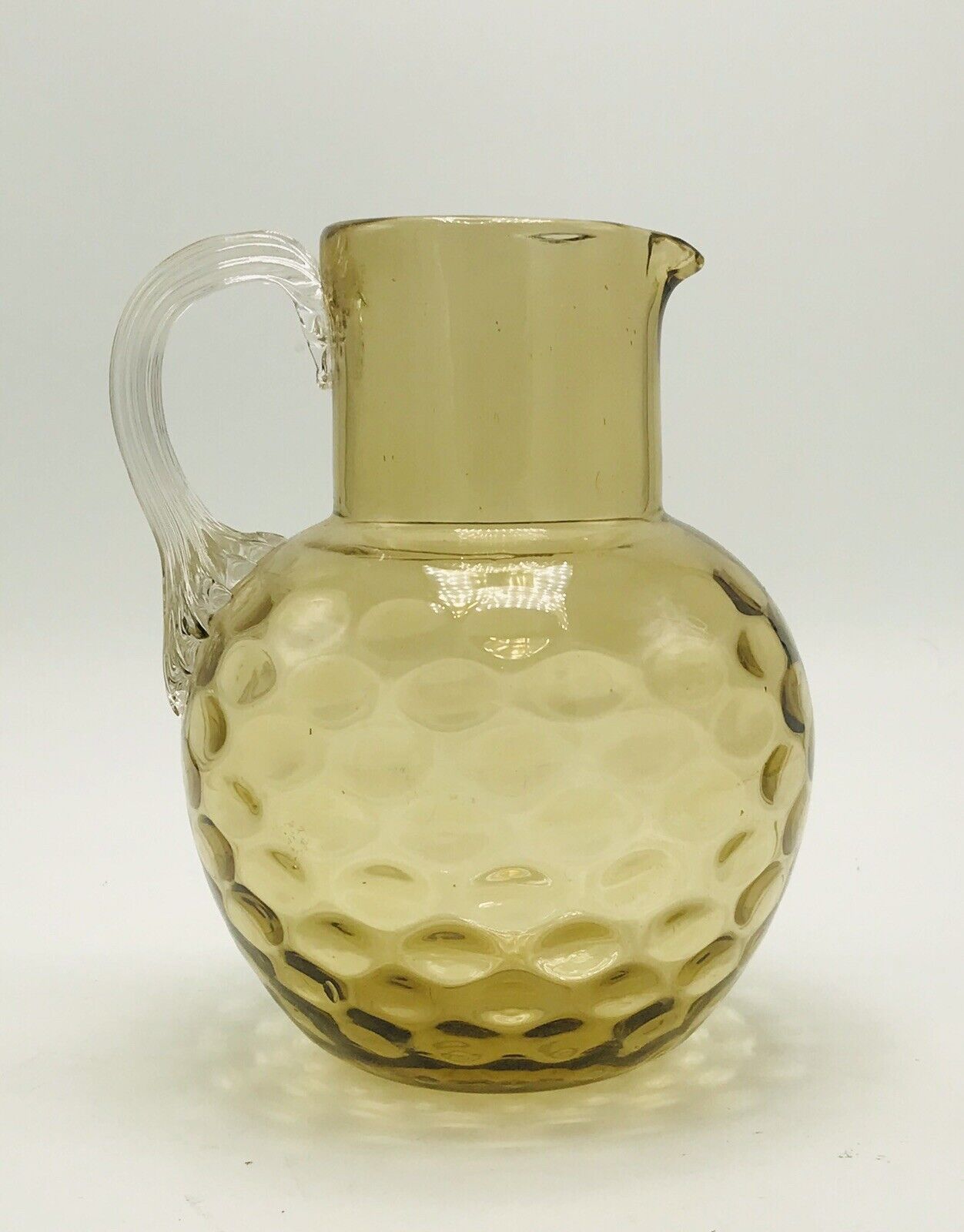 Amber Thumbprint Ball pitcher with Clear Applied Handle