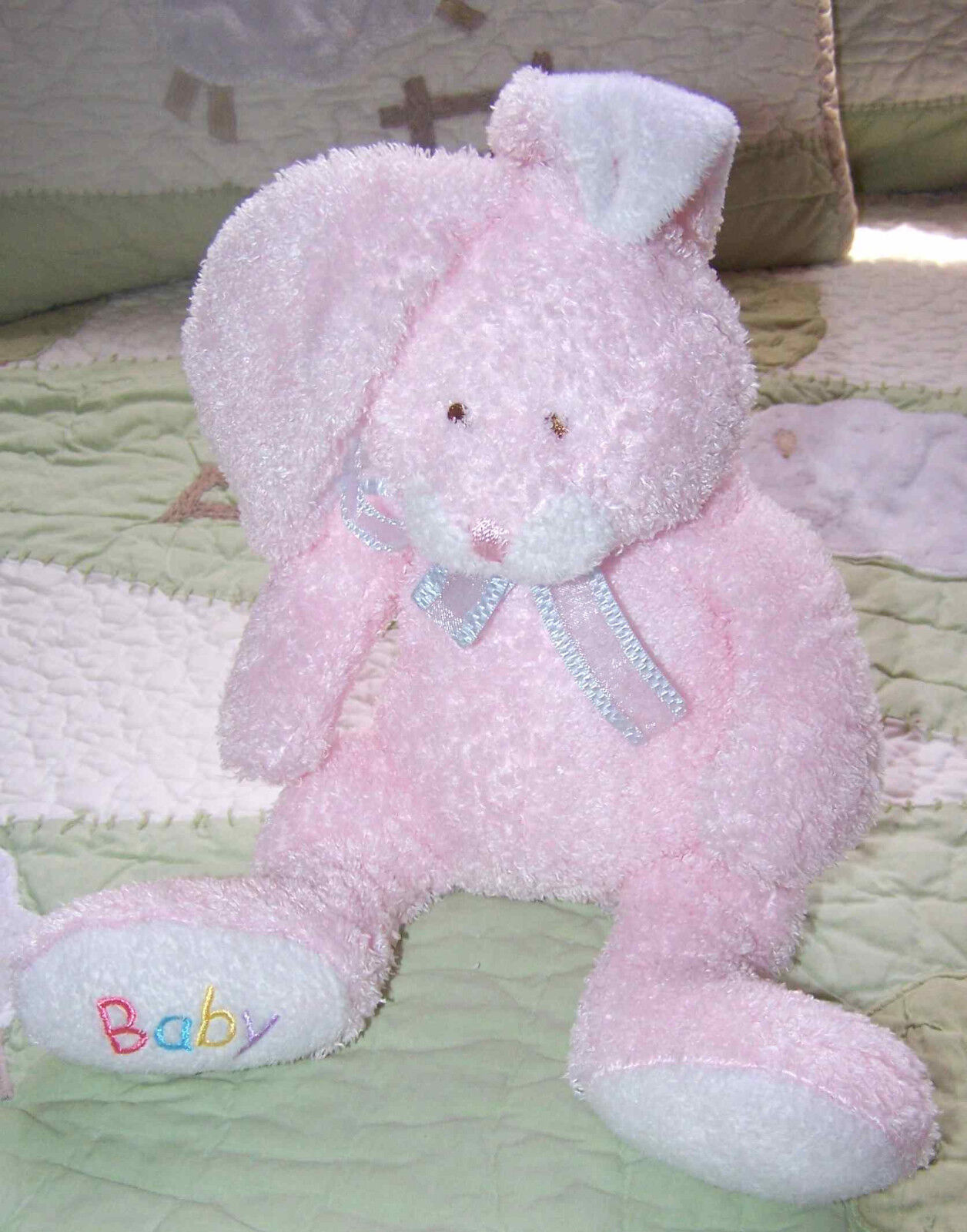 Ty Love to Baby Bunny Hop Rabbit Stuffed Toy w Blue Ribbon 2005 10\