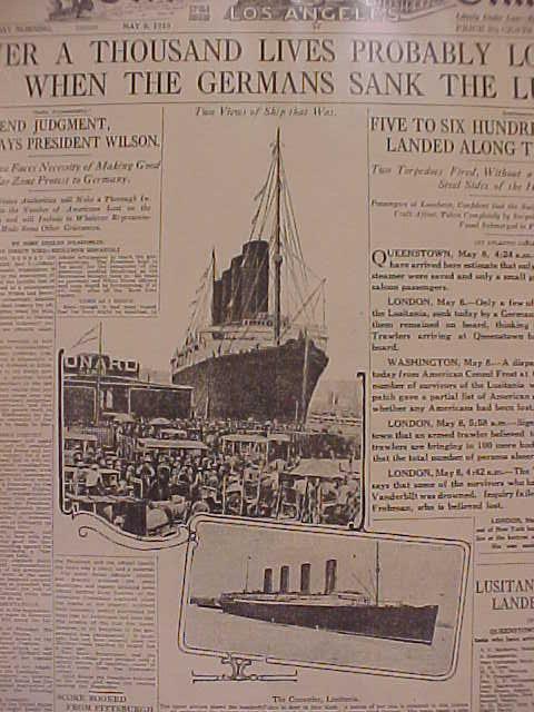 VINTAGE NEWSPAPER HEADLINE ~GERMAN SUB LUSITANIA SHIP SUNK WWI WORLD WAR 1 ONE~
