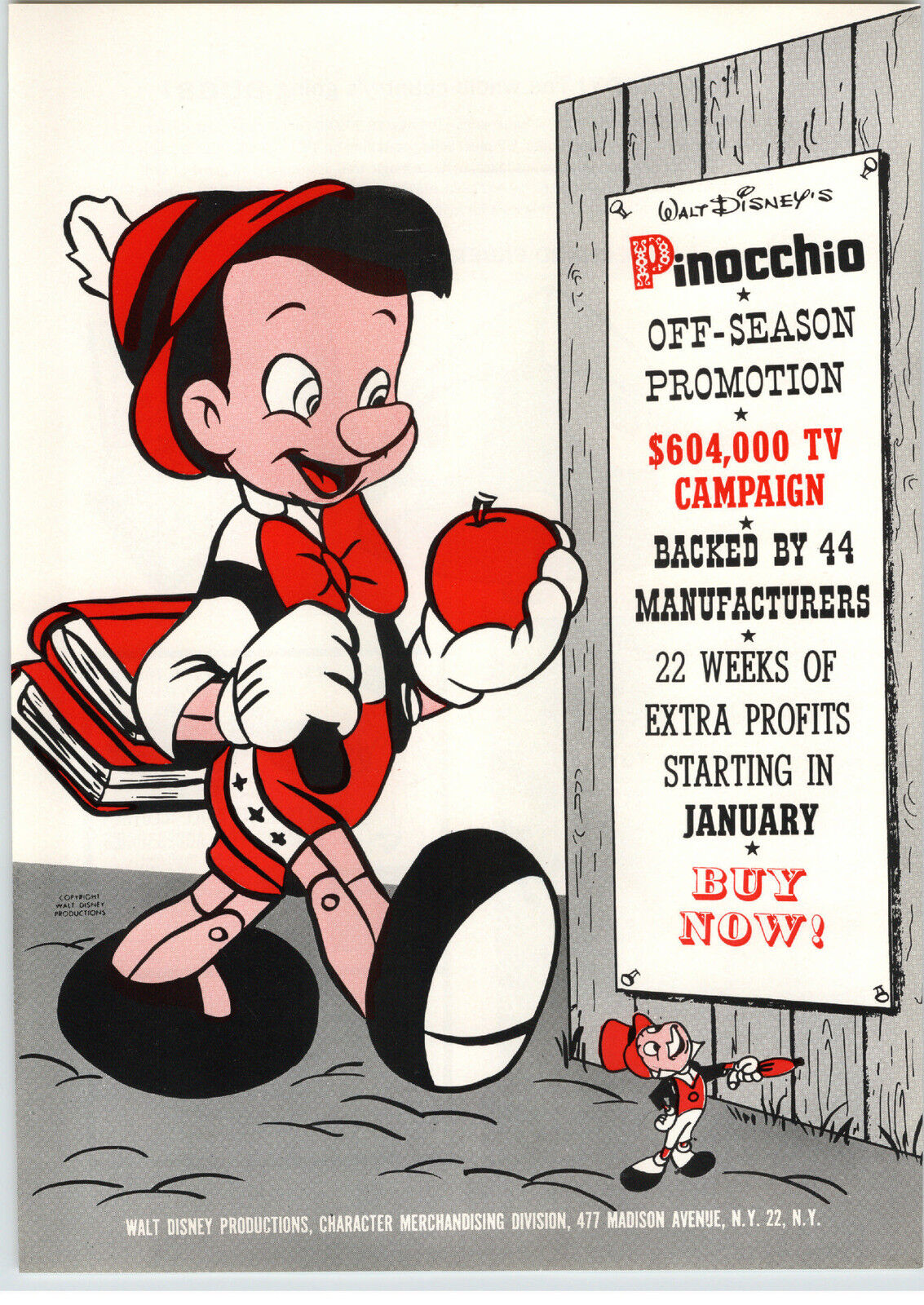 1961 PAPER AD Walt Disney\'s Pinocchio Movie Jiminy Cricket