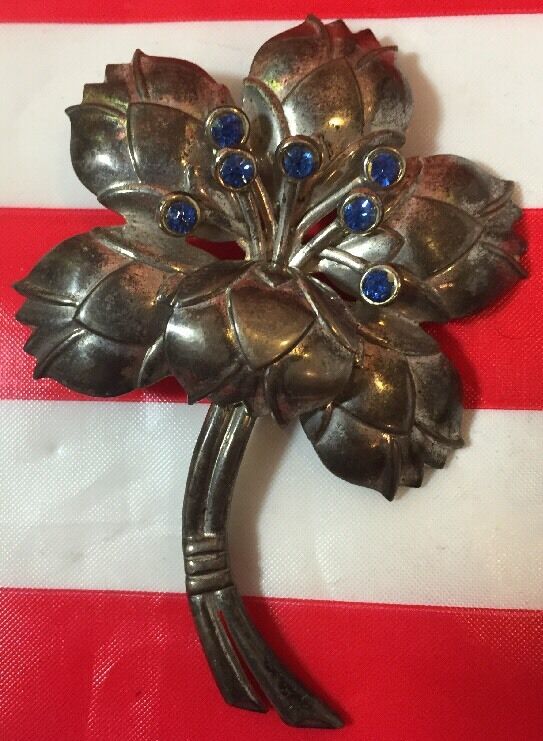 Rare Vintage Art Nouveau Sterling Silver Brooch Pin Flower Blue Rhinestones