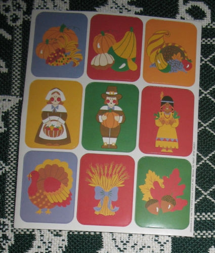Thanksgiving Sticker Sheet Eureka Vintage 1990\'s Pilgrim Indian Turkey