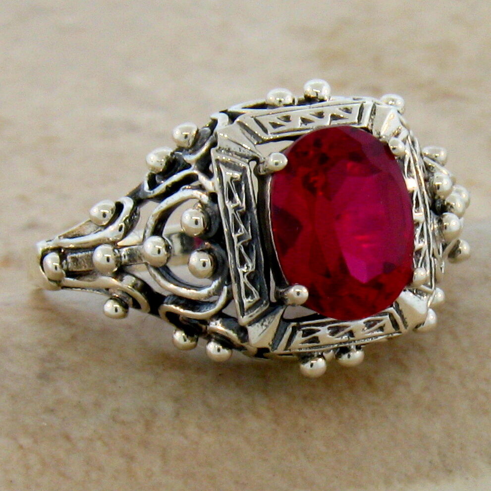 ANTIQUE VICTORIAN DESIGN LAB RUBY .925 STERLING SILVER RING SIZE 8,       #211