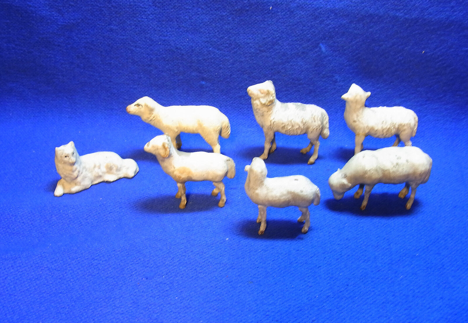 Antique German Erzgebirge 6 Sheeps & Sheepdog with 5 Pewter Legs 1 Stick Leg #H