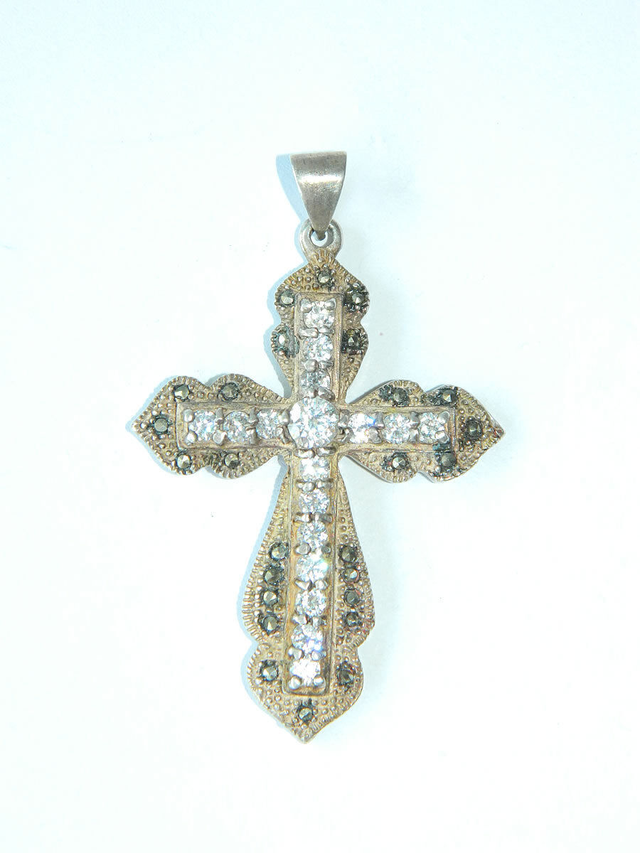 VTG Ornate Christian Cross Pendant Sterling Silver w/ Cut Glass Crystals 