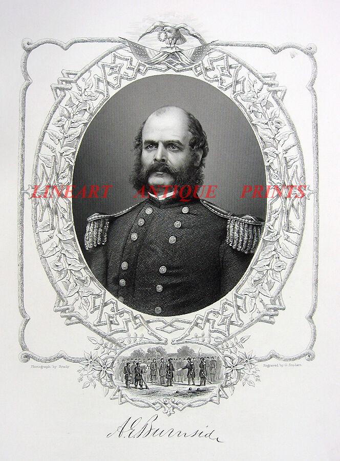Civil War Union Army General AMBROSE BURNSIDE ~ Antique 1862 Art Print Engraving