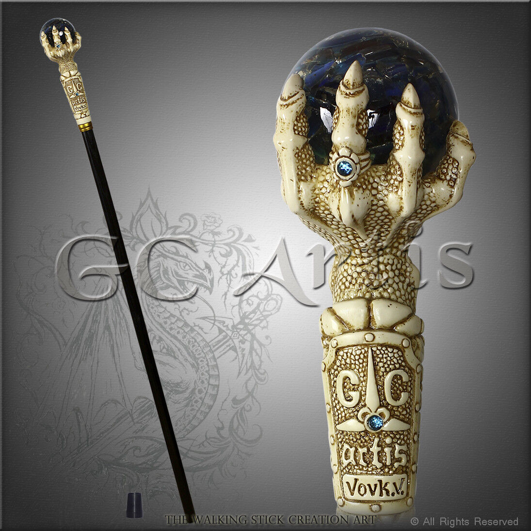Collectible Art Stone Cast Knob Walking Stick Cane Dragon Claw Magic Ball Blue