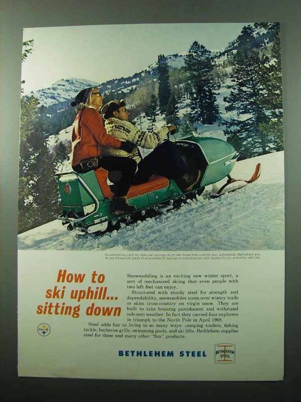 1969 Bethlehem Steel Ad - Ski Uphill Sitting Down