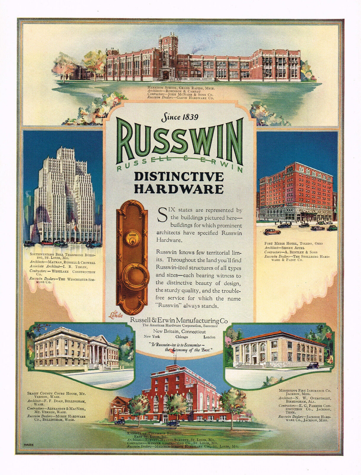 1920\'s BIG VINTAGE Russwin Hardware Art Deco Period Buildings Print AD b