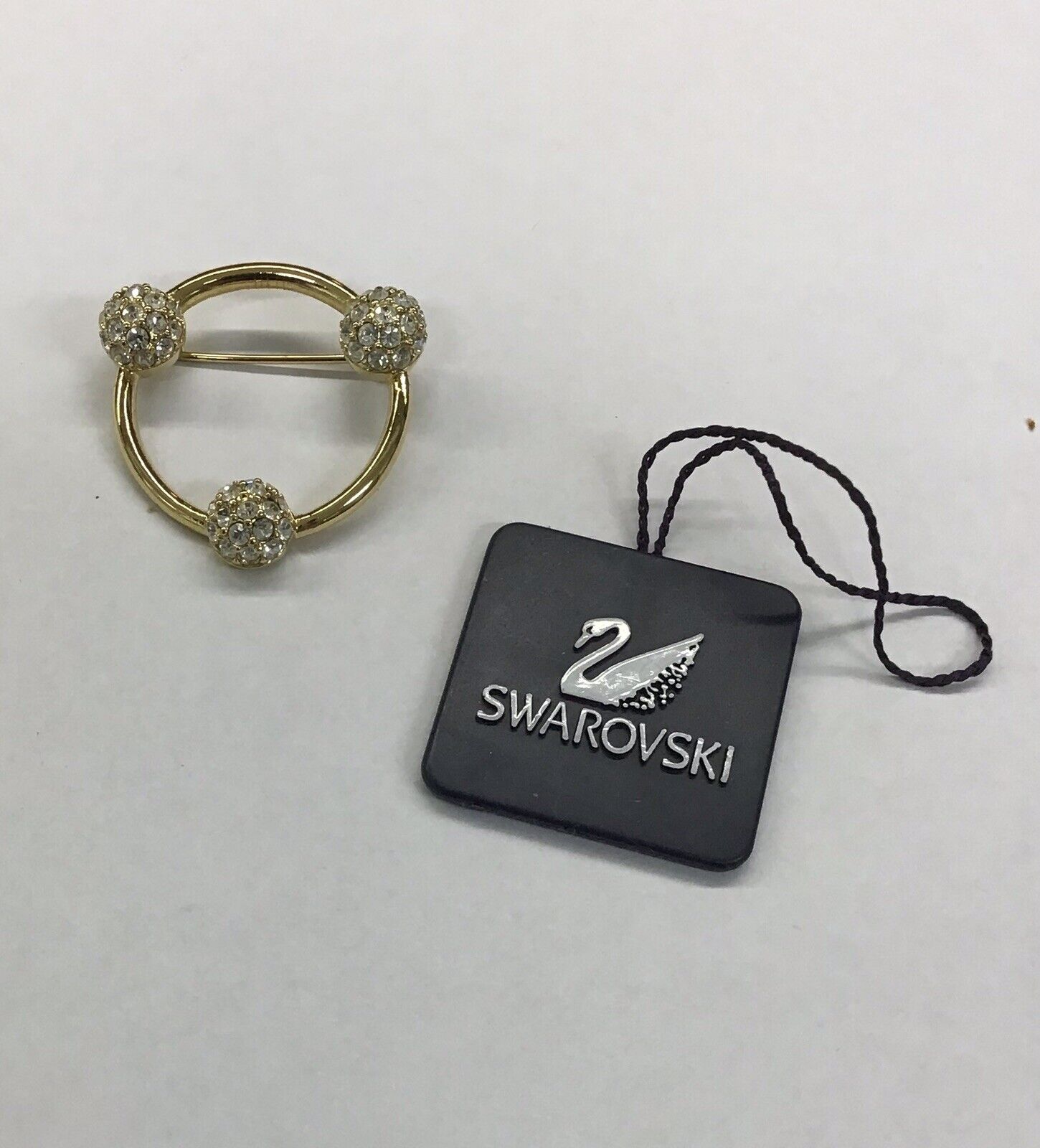 Swarovski Brooch Pin Gold Tone Circle With Three Crystal Pave Balls