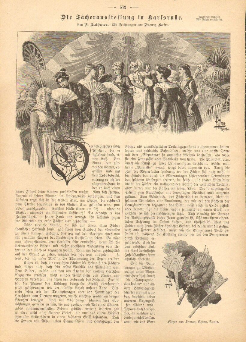 Ladies Fashion, Fans, Article, 3 Pages, German, Vintage 1891 Antique Art Print,