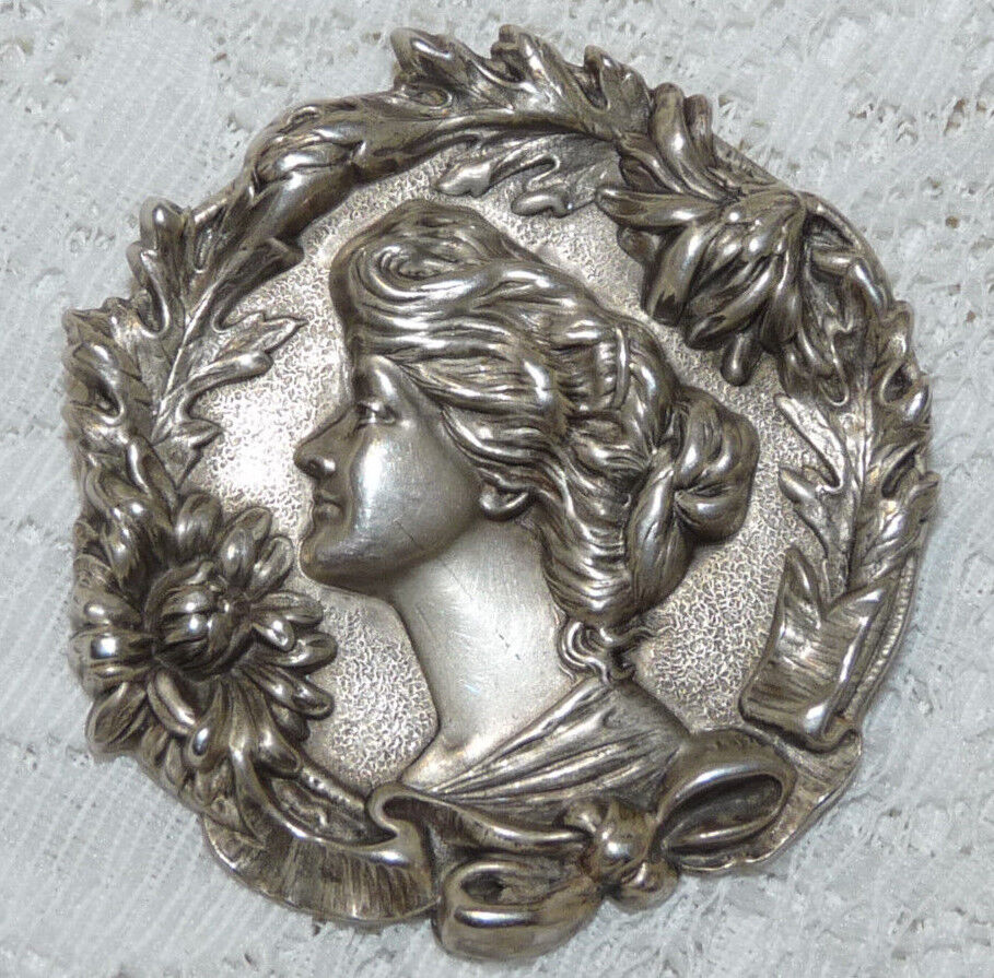 Antique Vintage Art Nouveau STERLING Silver Lady/Goddess\' Face Brooch/Pin  T40*