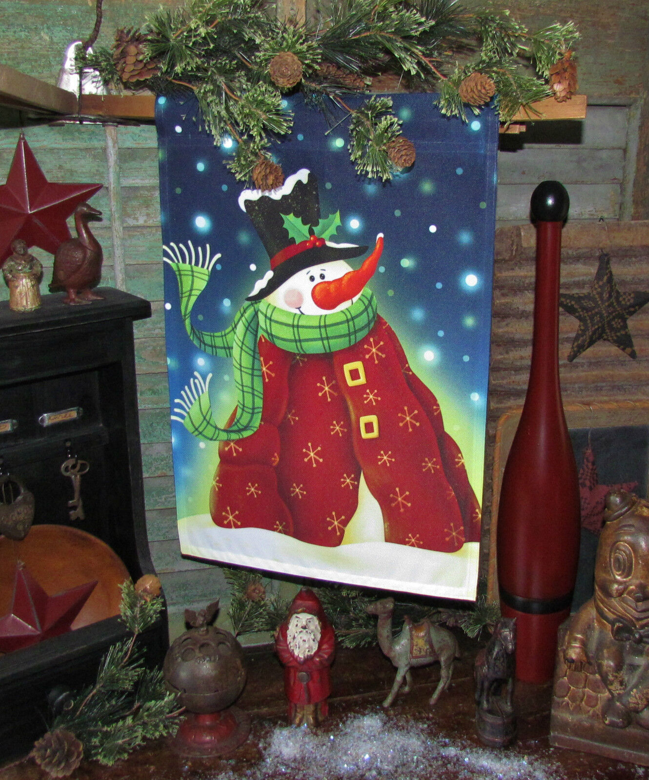 Primitive Antique Vtg Style Christmas Holiday Winter Snowman Garden Art Flag