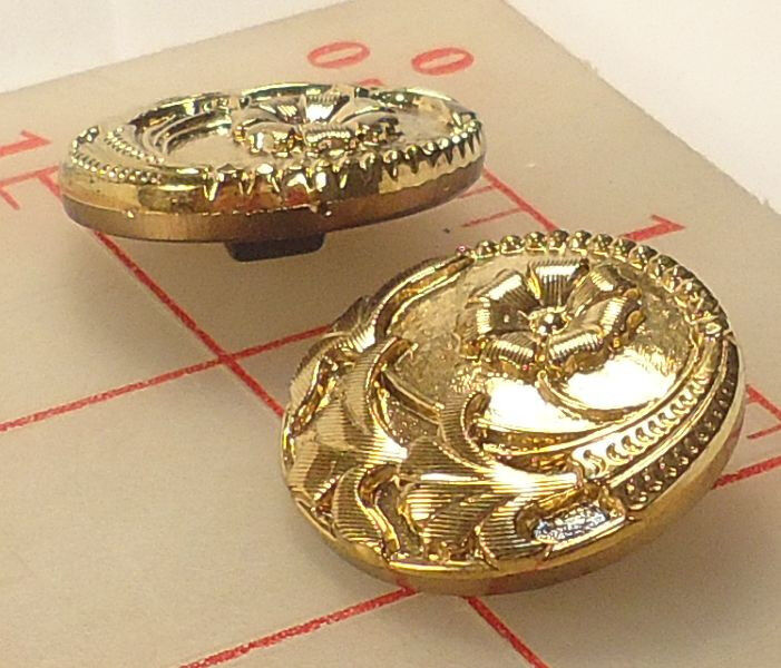 2 vintage lg glass shank buttons antq gold color floral flower design Czech 1\