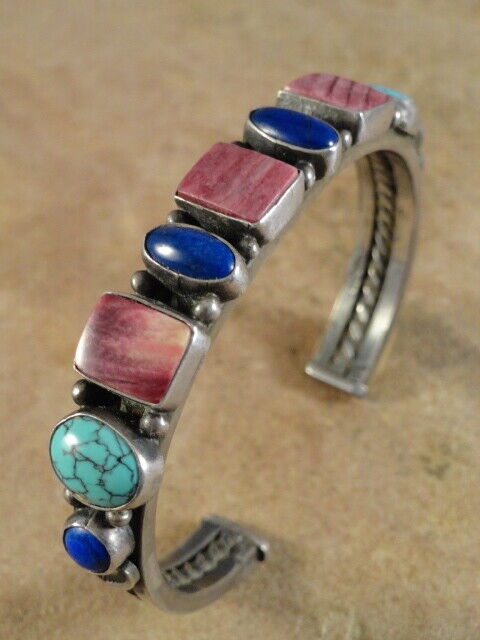 Rare Vintage Harry Morgan Silver Spiny Oyster Lapis & Turquoise Cuff Bracelet
