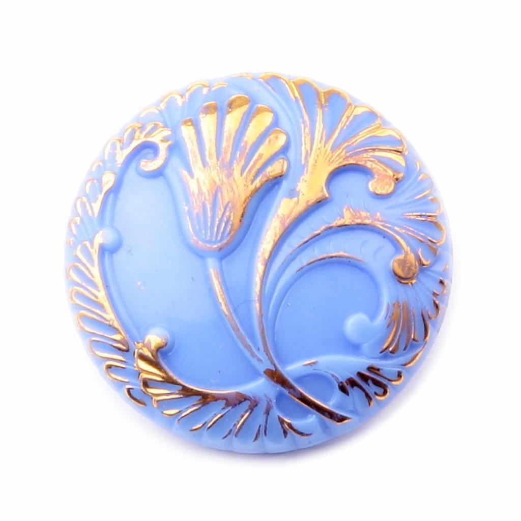 (1) 27mm Czech Vintage 14k gold gilt floral blue hand molded art glass button