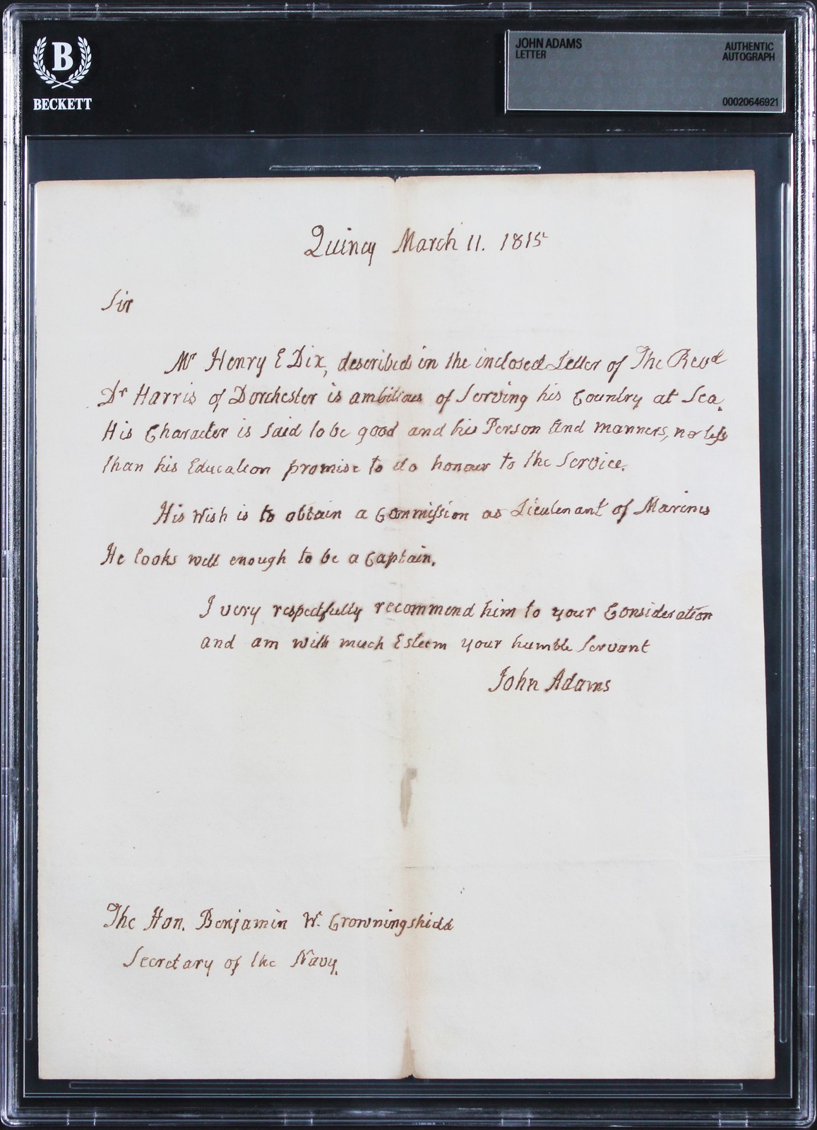 John Adams Signed 8x9.75 1815 Handwritten Recommendation Letter BAS Slabbed