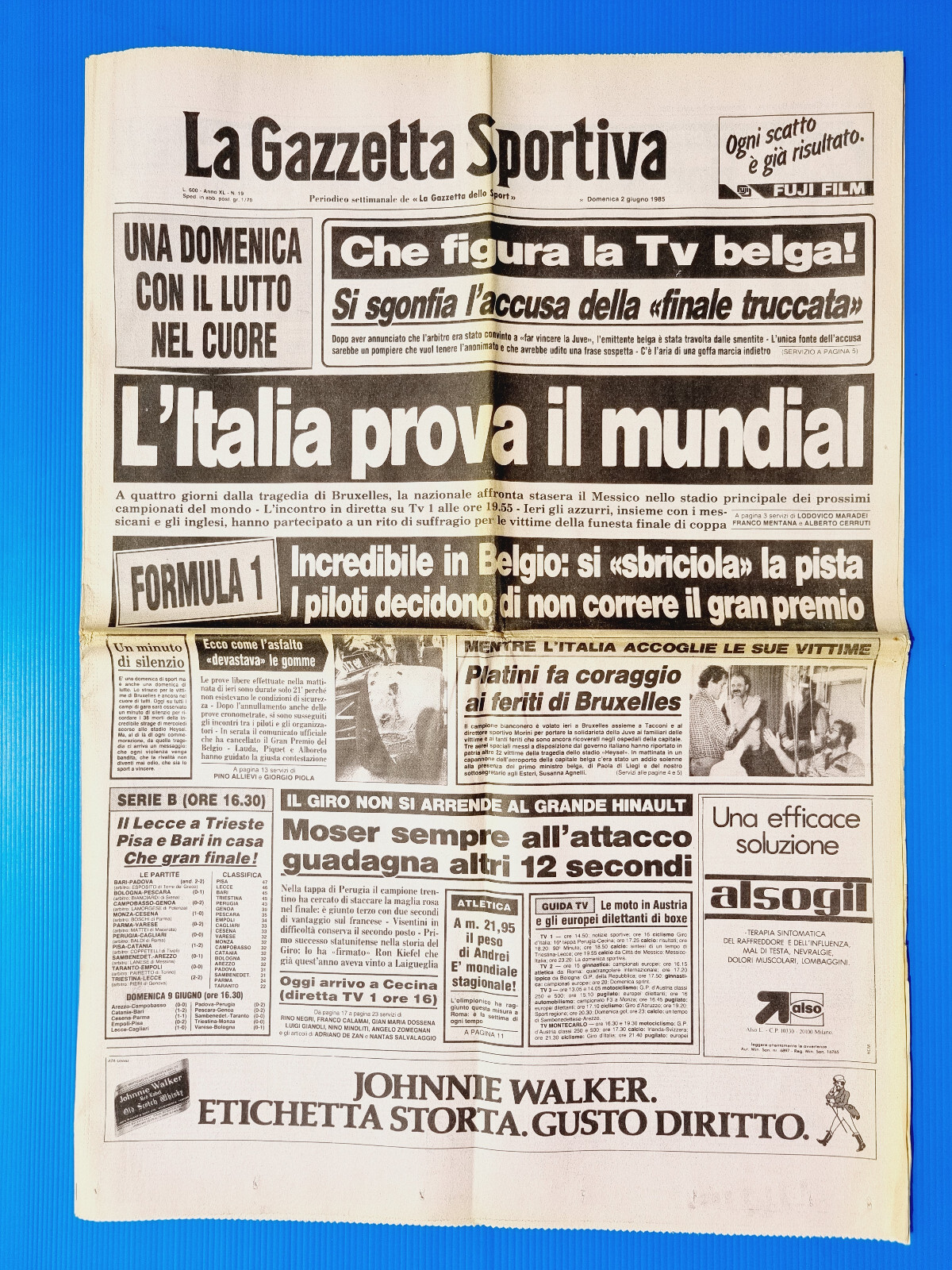 GAZZETTA DELLO SPORT 2 JUNE 1985 PLATINI-INJURED HEYSEL-MOSER-LECCE-ANDREI
