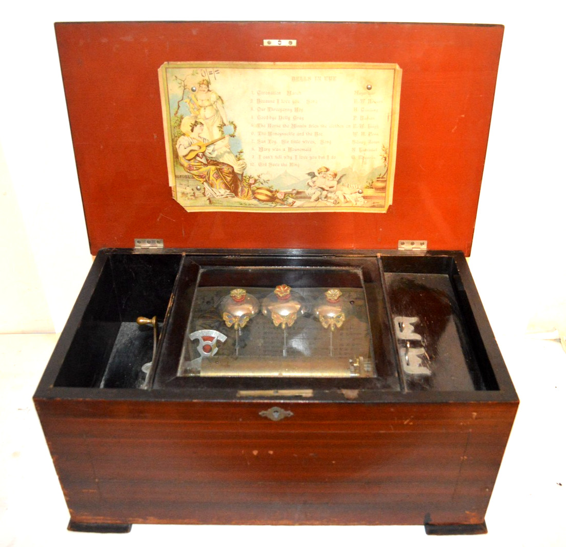 BEAUTIFUL AND WORKING 1880\'s 10 SONG CYLINDER MUSIC BOX WITH THREE BELLS BEAUTIFUL AND WORKING 1880\'s 10 SONG CYLINDER MUSIC BOX WITH THREE BELLS